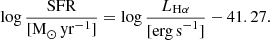 $$ \begin{aligned} \log \frac{\mathrm{SFR}}{\mathrm{[M}_\odot \,\mathrm{yr}^{-1}\mathrm{]}} = \log \frac{L_{\rm H\alpha }}{\mathrm{[erg\,s}^{-1}\mathrm{]}}-41.27. \end{aligned} $$