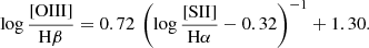 $$ \begin{aligned} \log \frac{\mathrm{[OIII]}}{\mathrm{H}\beta } = 0.72\,\left(\log \frac{\mathrm{[SII]}}{\mathrm{H}\alpha }-0.32\right)^{-1}+1.30. \end{aligned} $$