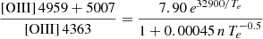 $$ \begin{aligned} \frac{\mathrm{[OIII]\,4959+5007}}{\mathrm{[OIII]\,4363}} = \frac{7.90\,e^{32900/T_e}}{1+0.00045 \,n\,T_e^{-0.5}} \end{aligned} $$