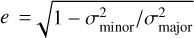 $e = \sqrt {1 - \sigma _{{\rm{minor}}}^2/\sigma _{{\rm{major}}}^2} $
