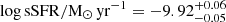 $ {\log \mathrm{sSFR/\mathrm{M}_{\odot}\,yr^{-1}}=-9.92^{+0.06}_{-0.05}} $