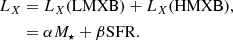 $$ \begin{aligned} L_X&= L_X (\mathrm{LMXB}) + L_X (\mathrm{HMXB}), \nonumber \\&= \alpha M_{\star } + \beta \mathrm {SFR}. \end{aligned} $$