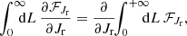 $$ \begin{aligned} \!\! \int _{0}^{\infty } \!\!\!\! \mathrm{d} L\,\frac{{\partial } {\mathcal{F} }_{J_{\mathrm{r}}}}{{\partial } J_{\mathrm{r}}}&= \frac{{\partial } }{{\partial } J_{\mathrm{r}}} \!\! \int _{0}^{+ \infty } \!\!\!\! \mathrm{d} L \, {\mathcal{F} }_{J_{\mathrm{r}}} ,\end{aligned} $$