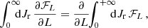 $$ \begin{aligned} \!\! \int _{0}^{\infty } \!\!\!\! \mathrm{d} J_{\mathrm{r}}\,\frac{{\partial } {\mathcal{F} }_{L}}{{\partial } L}&=\frac{{\partial } }{{\partial } L} \!\! \int _{0}^{+ \infty } \!\!\!\! \mathrm{d} J_{\mathrm{r}} \, {\mathcal{F} }_{L} \,, \end{aligned} $$
