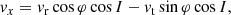 $$ \begin{aligned} v_x&= v_{\mathrm{r}} \cos \varphi \cos I-v_{\mathrm{t}} \sin \varphi \cos I,\end{aligned} $$