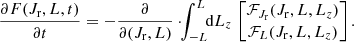 $$ \begin{aligned} \frac{{\partial } F(J_{\mathrm{r}},L,t) }{{\partial } t}= - \frac{{\partial } }{{\partial } (J_{\mathrm{r}}, L)} \cdot \!\! \int _{-L}^{L} \!\! \mathrm{d} L_{z} \, \begin{bmatrix} {\mathcal{F} }_{J_{\mathrm{r}}} (J_{\mathrm{r}} , L , L_{z})\\ {\mathcal{F} }_{L} (J_{\mathrm{r}} , L , L_{z}) \end{bmatrix} . \end{aligned} $$