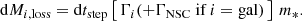 $$ \begin{aligned} \mathrm{d} M_{i, \mathrm{loss}}= \mathrm{d}t_{\rm step} \left[ \, \Gamma _{i} (+ \Gamma _{\rm NSC} \;\mathrm{if}\,i=\mathrm {gal}) \, \right] \,m_*. \end{aligned} $$