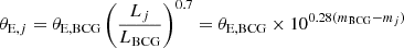 $$ \begin{aligned} \theta _{\text{E,}j} = \theta _\text{E,BCG} \left(\frac{L_j}{L_\text{BCG}}\right)^{0.7} = \theta _\text{E,BCG} \times 10^{0.28(m_\text{BCG}-m_j)} \end{aligned} $$