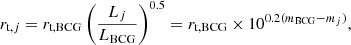 $$ \begin{aligned} r_{\text{t,}j} = r_\text{t,BCG} \left(\frac{L_j}{L_\text{BCG}}\right)^{0.5} = r_\text{t,BCG} \times 10^{0.2(m_\text{BCG}-m_j)}, \end{aligned} $$