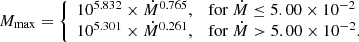 $$ \begin{aligned} M_{\text{max}} = {\left\{ \begin{array}{ll} 10^{5.832} \times \dot{M}^{0.765},&\mathrm{for }\ \dot{M} \le 5.00 \times 10^{-2} \\ 10^{5.301} \times \dot{M}^{0.261},&\mathrm{for }\ \dot{M} > 5.00 \times 10^{-2}. \end{array}\right.} \end{aligned} $$