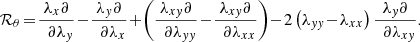 $$ \begin{aligned} \mathcal{R} _\theta&\!=\! \frac{\lambda _x\partial }{\,\,\,\partial \lambda _y}\!-\!\frac{\lambda _y\partial }{\,\,\,\partial \lambda _x} \!+\!\left(\frac{\lambda _{xy}\partial }{\,\,\,\partial \lambda _{yy}}\!-\!\frac{\lambda _{xy}\partial }{\,\,\,\partial \lambda _{xx}}\right) \!-\!2\left(\lambda _{yy}\!-\!\lambda _{xx} \right)\frac{\lambda _y\partial }{\,\,\,\partial \lambda _{xy}}. \nonumber \end{aligned} $$