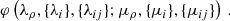 $$ \begin{aligned} \varphi \left(\lambda _{\rho },\{\lambda _{i}\},\{\lambda _{ij}\};\mu _{\rho },\{\mu _{i}\},\{\mu _{ij}\}\right)\,. \end{aligned} $$