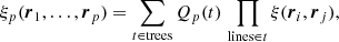 $$ \begin{aligned} \xi _{p}(\boldsymbol{r}_{1},\dots ,\boldsymbol{r}_{p})=\sum _{t\in \mathrm{trees}}Q_{p}(t)\,\prod _{\mathrm{lines}\in t}\xi (\boldsymbol{r}_{i},\boldsymbol{r}_{j}), \end{aligned} $$