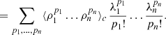$$ \begin{aligned}&= \sum _{p_{1},\dots ,p_{n}}\langle \rho _{1}^{p_{1}}\dots \rho _{n}^{p_{n}}\rangle _{c}\,\frac{\lambda _{1}^{p_{1}}}{p_{1}!} \dots \frac{\lambda _{n}^{p_{n}}}{p_{n}!}. \end{aligned} $$