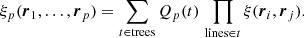 $$ \begin{aligned} \xi _{p}(\boldsymbol{r}_{1},\dots ,\boldsymbol{r}_{p})=\sum _{t\in \mathrm{trees}}Q_p(t)\,\prod _{\mathrm{lines}\in t}\xi (\boldsymbol{r}_{i},\boldsymbol{r}_{j}). \end{aligned} $$