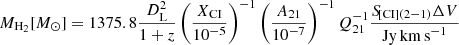 $$ \begin{aligned} M_{\rm H_2} [M_{\odot }] = 1375.8 \frac{D_{\rm L}^{2}}{1+z} \left(\frac{X_{\rm CI}}{10^{-5}}\right)^{-1} \left(\frac{A_{21}}{10^{-7}}\right)^{-1} Q_{21}^{-1} \frac{{S\!}_{\rm [{CI}](2{-}1)}\Delta V}{\mathrm{Jy\,km\,s}^{-1}} \end{aligned} $$