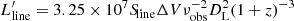 $$ \begin{aligned} L^{\prime }_{\rm line} = 3.25 \times 10^7 {S\!}_{\rm line} \Delta V \nu ^{-2}_{\rm obs}D^2_{\rm L} (1+z)^{-3} \end{aligned} $$