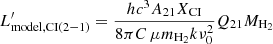 $$ \begin{aligned} L^{\prime }_{\rm model,CI(2-1)}=\frac{hc^3A_{21}X_{\rm CI}}{8\pi C\,\mu m_{\rm H_2}k\nu _0^2}Q_{21}M_{\rm H_2} \end{aligned} $$