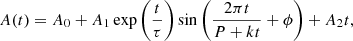 $$ \begin{aligned} A(t) = A_{0}+A_{1} \exp {\left(\frac{t}{\tau }\right)} \sin \left(\frac{2\pi t}{P+kt}+\phi \right)+A_{2}t, \end{aligned} $$