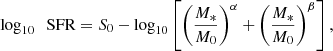 $$ \begin{aligned} \log _{10}\;\text{ SFR} = S_0 - \log _{10} \left[ \left(\frac{M_*}{M_0}\right)^\alpha + \left(\frac{M_*}{M_0}\right)^\beta \right], \end{aligned} $$