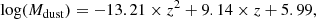 $$ \begin{aligned} \log (M_{\rm dust}) = -13.21 \times z^2 + 9.14\times z + 5.99, \end{aligned} $$