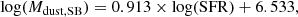 $$ \begin{aligned} \log (M_{\rm dust, SB}) = 0.913\times \log (\mathrm{SFR}) + 6.533, \end{aligned} $$