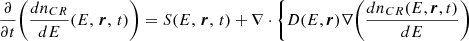 $$ \begin{aligned} \frac{\partial }{\partial t}\Bigg (\frac{dn_{CR}}{dE}(E,\,\boldsymbol{r},\,t)\Bigg )&= S(E,\,\boldsymbol{r},\,t) + \nabla \cdot \Bigg \{D(E,\boldsymbol{r})\nabla \Bigg (\frac{dn_{CR}(E,\boldsymbol{r},t)}{dE}\Bigg ) \end{aligned} $$
