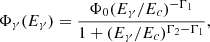 $$ \begin{aligned} \Phi _{\gamma }(E_\gamma ) = \frac{\Phi _0(E_\gamma /E_c)^{-\Gamma _1}}{1+(E_{\gamma }/E_c)^{\Gamma _2 -\Gamma _1}}, \end{aligned} $$