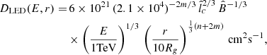 $$ \begin{aligned} \begin{aligned} D_{\mathrm{LED}}(E,r) =&\, 6 \times 10^{21} \, (2.1\times 10^4)^{-2m/3} \, \hat{l}_c^{2/3} \,\hat{B}^{-1/3} \\&\times \left(\frac{E}{1\mathrm{TeV}}\right)^{1/3} \, \left(\frac{r}{10R_g}\right)^{\frac{1}{3}(n+2m)} \, \mathrm{cm}^{2} \mathrm{s}^{-1},\\ \end{aligned} \end{aligned} $$