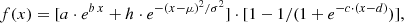 $$ \begin{aligned} f(x)=[a\cdot e^{b\,x}+h\cdot e^{-(x-\mu )^2/\sigma ^2}]\cdot [1-1/(1+e^{-c\cdot (x-d)})], \end{aligned} $$