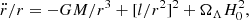 $$ \begin{aligned} \ddot{r}/r = -GM/r^3 + [l/r^2]^2+ \Omega _{\Lambda } H_0^2, \end{aligned} $$