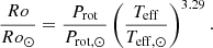 $$ \begin{aligned} \frac{Ro}{{Ro_\odot }} = \frac{P_\mathrm{rot} }{P_{\rm rot,\odot }} \left( \frac{T_\mathrm{eff} }{T_{\rm eff,\odot }} \right)^{3.29} . \end{aligned} $$