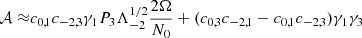 $$ \begin{aligned} \mathcal{A} \approx&c_{0,1}c_{-2,3} \gamma _1 P_3 \Lambda _{-2}^{1/2} \frac{2 \Omega }{N_0} + (c_{0,3}c_{-2,1} - c_{0,1}c_{-2,3}) \gamma _1 \gamma _3 \end{aligned} $$