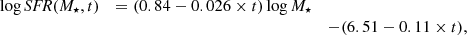 $$ \begin{aligned} \begin{array}{lll} \log \textit{SFR}(M_{\star },t)&= (0.84 - 0.026 \times t) \log M_{\star } \\&\,&- (6.51 - 0.11 \times t), \end{array} \end{aligned} $$