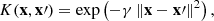 $$ \begin{aligned} K(\mathbf x , \mathbf x{\prime } ) = \exp {\left(-\gamma \, \Vert \mathbf x - \mathbf x{\prime } \Vert ^2 \right),} \end{aligned} $$