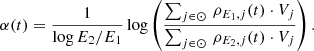 $$ \begin{aligned} \alpha (t) = \frac{1}{\log E_2 / E_1} \log \left( \frac{\sum _{j \in \odot } \, \rho _{E_1,j}(t) \cdot V_j }{ \sum _{j \in \odot } \, \rho _{E_2,j}(t) \cdot V_j} \right). \end{aligned} $$