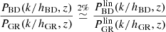 $$ \begin{aligned} \frac{P_{\rm BD}(k/h_{\rm BD},z)}{P_{\rm GR}(k/h_{\rm GR},z)} \overset{2\%}{\simeq } \frac{P_{\rm BD}^\mathrm{lin}(k/h_{\rm BD},z)}{P_{\rm GR}^\mathrm{lin}(k/h_{\rm GR},z)} \end{aligned} $$