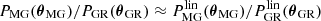 $ P_{\mathrm{MG}}(\boldsymbol{\theta}_{\mathrm{MG}})/P_{\mathrm{GR}}(\boldsymbol{\theta}_{\mathrm{GR}}) \approx P_{\mathrm{MG}}^{\mathrm{lin}}(\boldsymbol{\theta}_{\mathrm{MG}})/P_{\mathrm{GR}}^{\mathrm{lin}}(\boldsymbol{\theta}_{\mathrm{GR}}) $