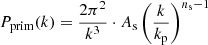 $$ \begin{aligned} P_{\rm prim}(k) = \frac{2\pi ^2}{k^3} \cdot A_{\rm s} \left( \frac{k}{k_{\rm p}} \right)^{n_{\rm s}-1} \end{aligned} $$