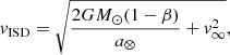 $$ \begin{aligned} v_{\mathrm{ISD}} = \sqrt{\frac{2GM_{\odot }(1-\beta )}{a_{\otimes }}+v_{\infty }^2}, \end{aligned} $$