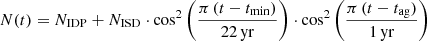 $$ \begin{aligned} N(t) = N_{\mathrm{IDP}} + N_{\mathrm{ISD}} \cdot \cos ^2 \left(\frac{\pi \, (t-t_{\min })}{22\,\mathrm{yr}}\right)\cdot \cos ^2 \left(\frac{\pi \, (t-t_{\mathrm{ag}})}{1\,\mathrm{yr}}\right) \end{aligned} $$