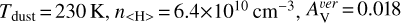 $\[T_{\text {dust }}=230 \mathrm{~K}, n_{\langle\mathrm{H}\rangle}=6.4 \times 10^{10} \mathrm{~cm}^{-3} \text {, }A_{\mathrm{V}}^{v e r}=0.018\]$