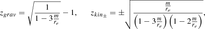 $$ \begin{aligned} z_{grav}=\sqrt{\frac{1}{1-3\frac{m}{r_{e}}}}-1,\qquad z_{kin_{\pm }}=\pm \sqrt{\frac{\frac{m}{r_{e}}}{\left(1-3\frac{m}{r_{e}}\right)\left(1-2\frac{m}{r_{e}}\right)}}, \end{aligned} $$