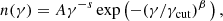 $$ \begin{aligned} n({\gamma })=A{\gamma }^{-s}\exp \left(-({\gamma }/{\gamma }_{\rm cut})^{\beta }\,\right), \end{aligned} $$