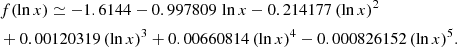 $$ \begin{aligned}&f(\ln x) \simeq -1.6144-0.997809\,\ln x-0.214177\,(\ln x)^{2} \\&+0.00120319\,(\ln x)^3+0.00660814\,(\ln x)^4-0.000826152\,(\ln x)^5. \nonumber \end{aligned} $$