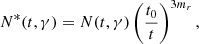 $$ \begin{aligned} N^*(t,\gamma ) = N(t,\gamma )\left( \frac{t_0}{t} \right)^{3m_r}, \end{aligned} $$
