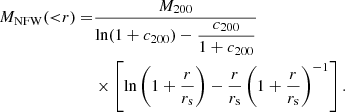 $$ \begin{aligned} M_{\rm NFW}({ < }r) =&\dfrac{M_{200}}{\ln (1+c_{200}) -\dfrac{c_{200}}{1+c_{200}}}\nonumber \\&\times \left[\ln \left(1 + \dfrac{r}{r_{\rm s}}\right) - \dfrac{r}{r_{\rm s}} \left(1 + \dfrac{r}{r_{\rm s}}\right)^{-1}\right]. \end{aligned} $$