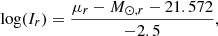 $$ \begin{aligned} \log (I_{r}) = \frac{\mu _{r} - M_{\odot ,r} - 21.572}{-2.5}, \end{aligned} $$