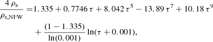 $$ \begin{aligned} \dfrac{4\,\rho _{\rm s}}{\rho _{\rm s,NFW}} =&1.335 + 0.7746\,\tau + 8.042\,\tau ^5 - 13.89\,\tau ^7 + 10.18\,\tau ^9\nonumber \\&+ \frac{(1 - 1.335)}{\ln (0.001)} \ln (\tau + 0.001), \end{aligned} $$