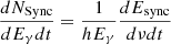 $$ \begin{aligned} \frac{dN_{\rm Sync}}{dE_{\gamma } dt}= \frac{1}{h E_{\gamma }} \frac{dE_{\rm sync}}{d\nu dt} \end{aligned} $$